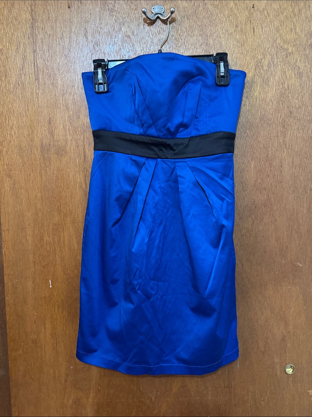 Strapless Royal Blue Satin Cocktail Dress with Black Waistband